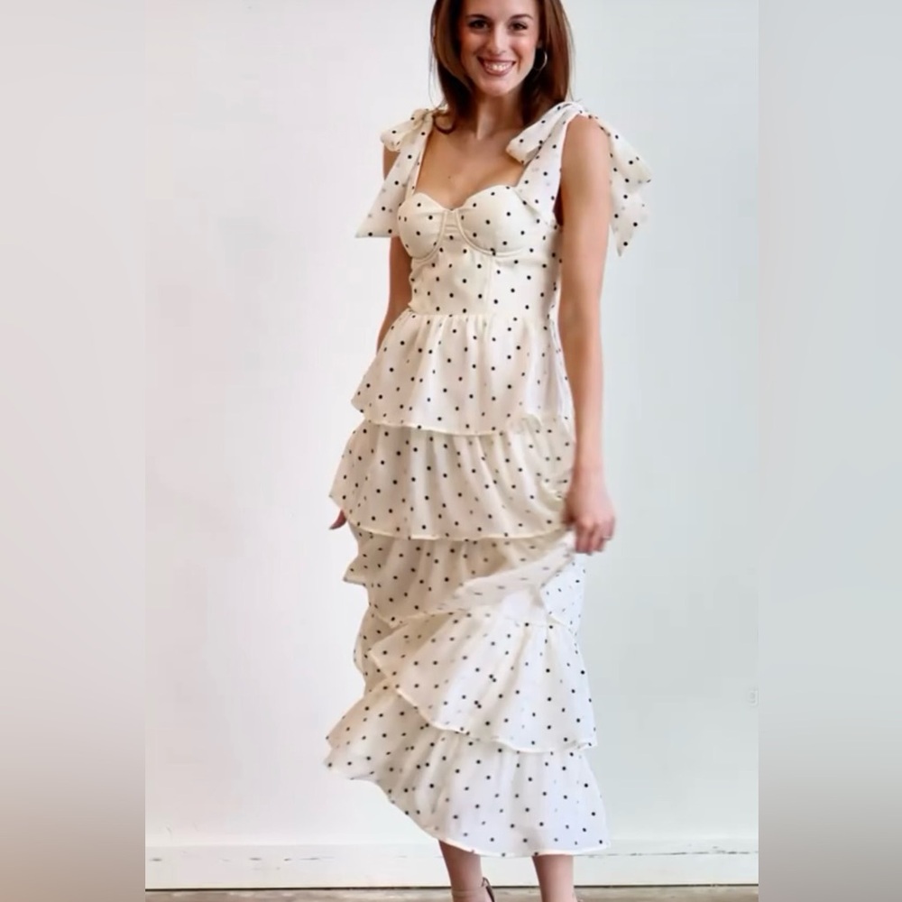Steps New York Tiered Polka Dot Ruffle Maxi Dress - Cream/Black